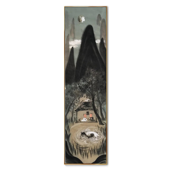 A large vertical painting showcasing the alternation between yin and yang, by depicting two figures in a small hut, beneath black trees and dark mountains underneath the grey sky with white clouds. 