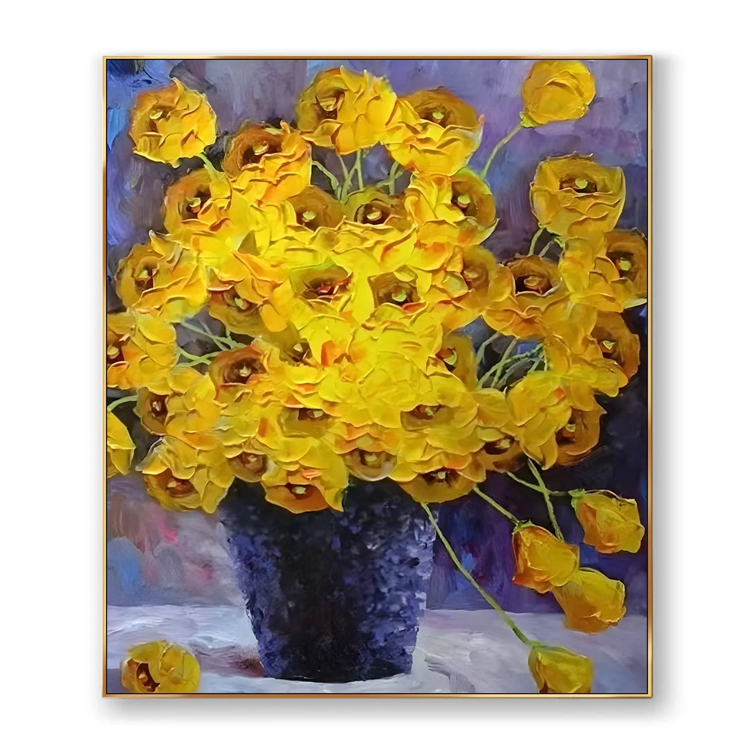 A large vertical painting with a pot of yellow flowers against a bluish-purple backdrop. 