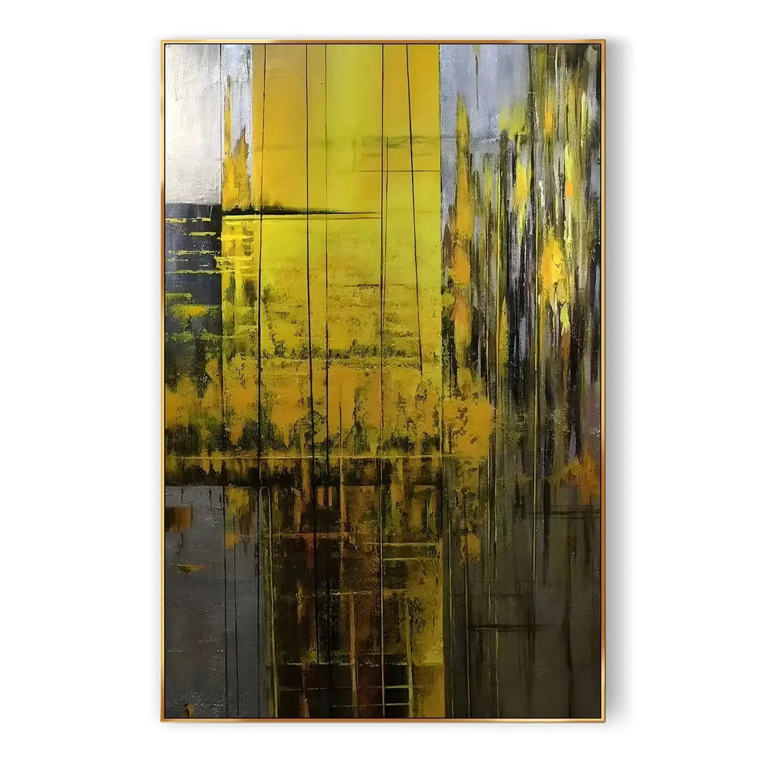 A large vertical painting with textures in yellow and purple