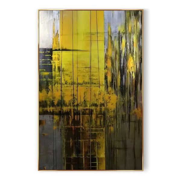 A large vertical painting with textures in yellow and purple