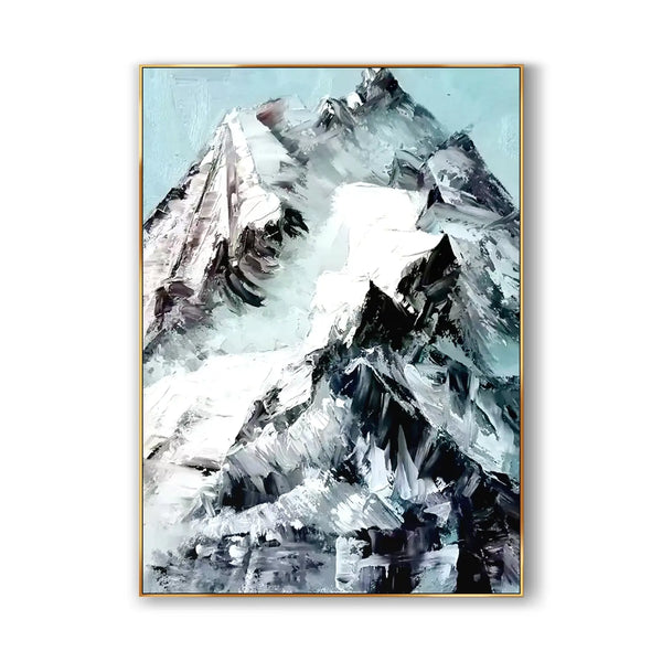 A large vertical plaster wall art featuring a majestic snowy mountain in striking white and black tones, nearly dominating the serene blue sky.
