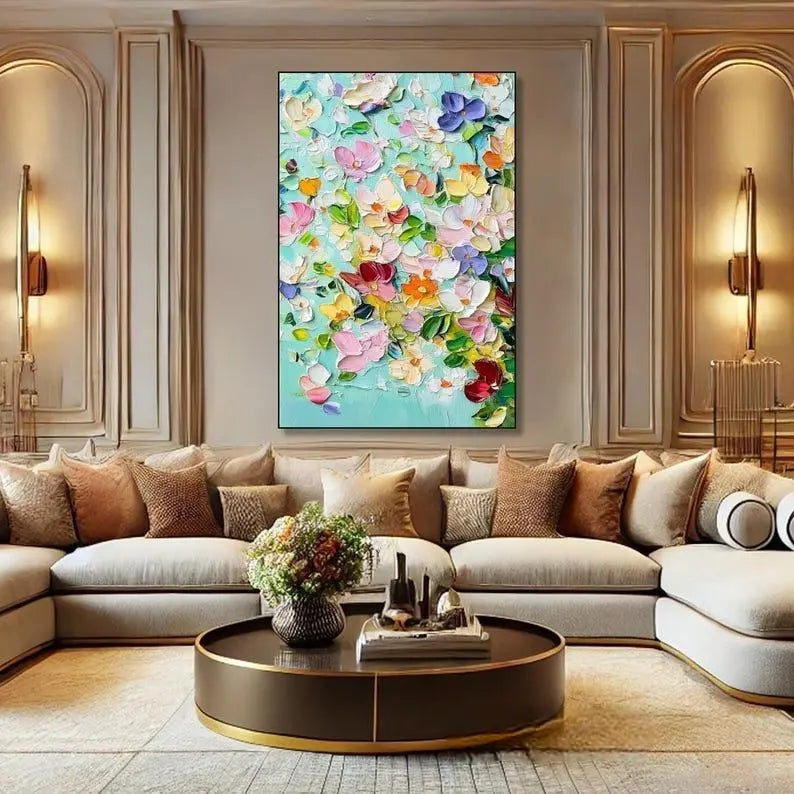 A large vertical plaster wall art featuring flowers in pink, purple, green and white petals against a blue backdrop  