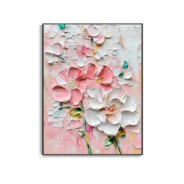 A large vertical plaster wall art of blooming flowers in pink and white