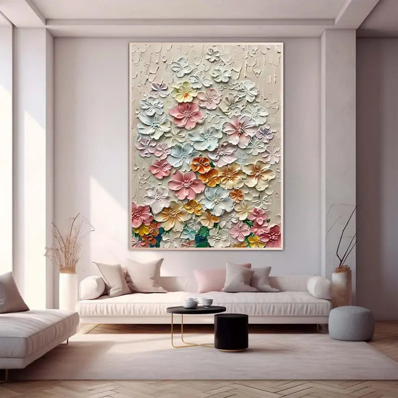 A large vertical plastered wall art of 3D flowers in pink, yellow, blue, etc against a beige backdrop.