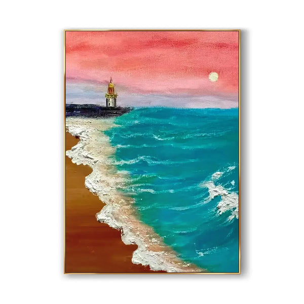 A large vertical plastered wall art showcasing blue and green waves beating the beach, and the pink sunset. 
