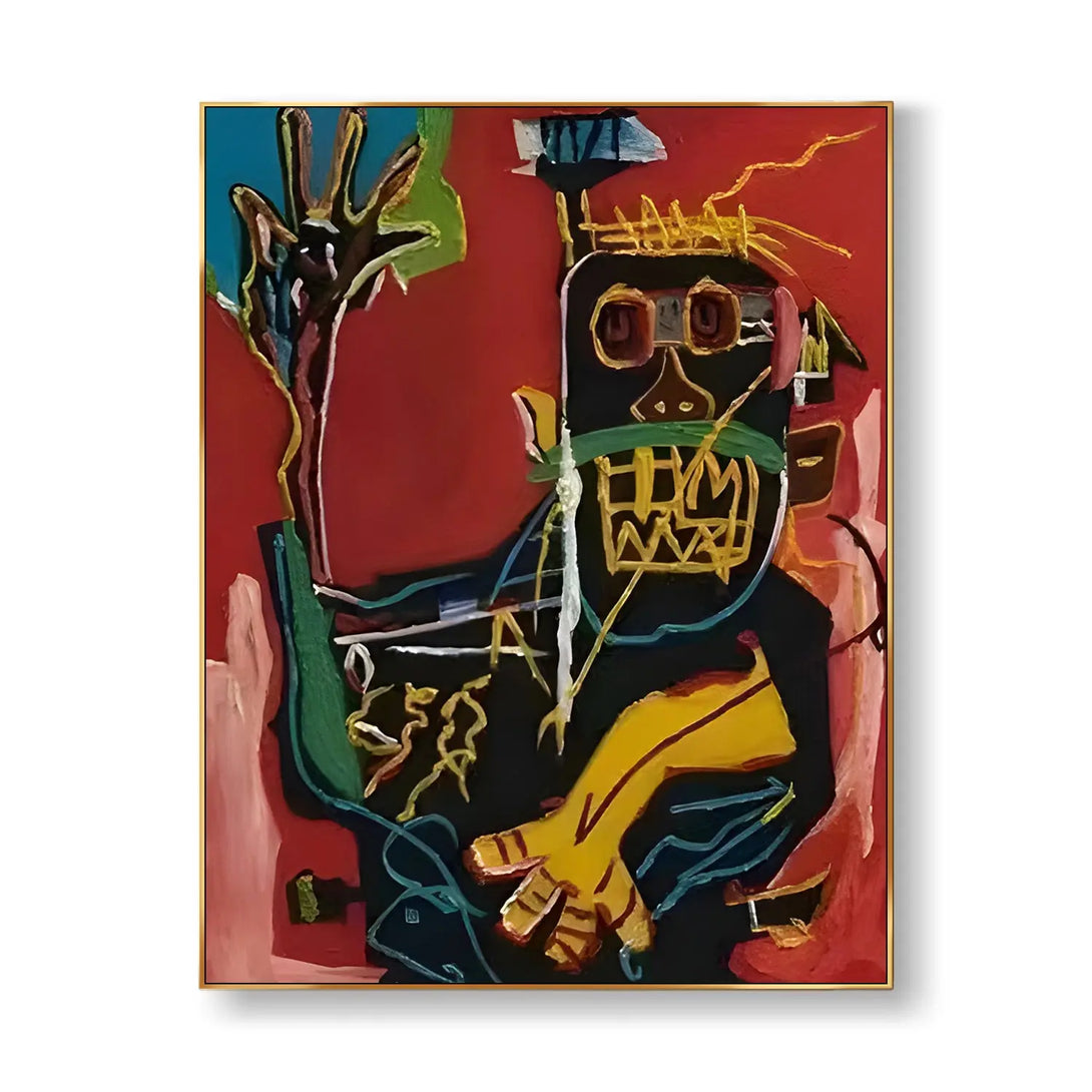A large vertical red wall art depicting a black ghost with yellow hands, teeth, and eye sockets, among other details.
