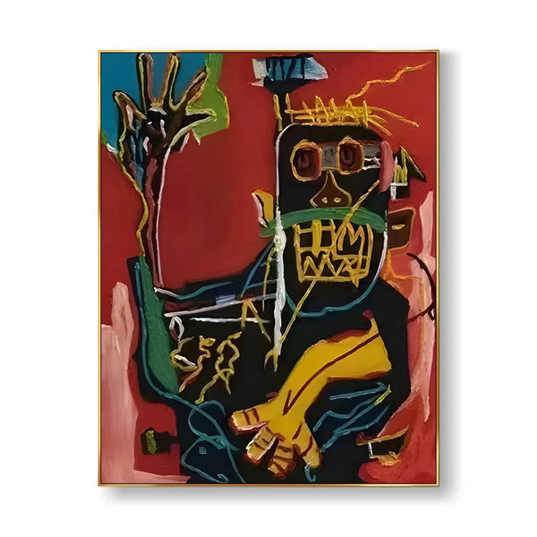 A large vertical red wall art depicting a black ghost with yellow hands, teeth, and eye sockets, among other details.
