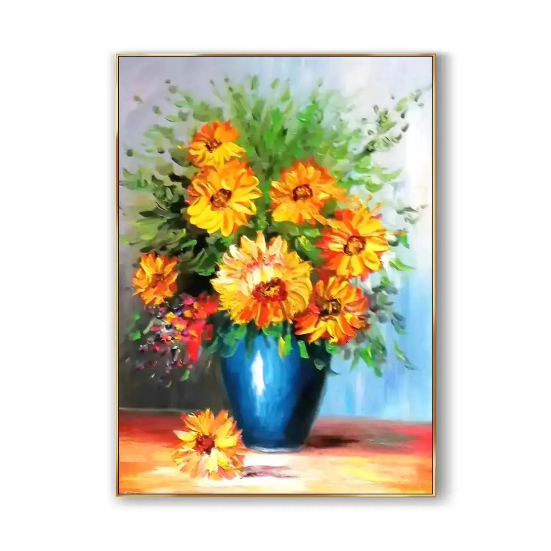 A large vertical textured painting featuring a blue jar of orange sunflowers with green leaves 
