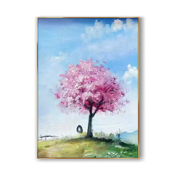 A large vertical textured painting featuring a pink tree standing elegantly on a small hill, set beneath a serene blue sky dotted with fluffy white clouds.
