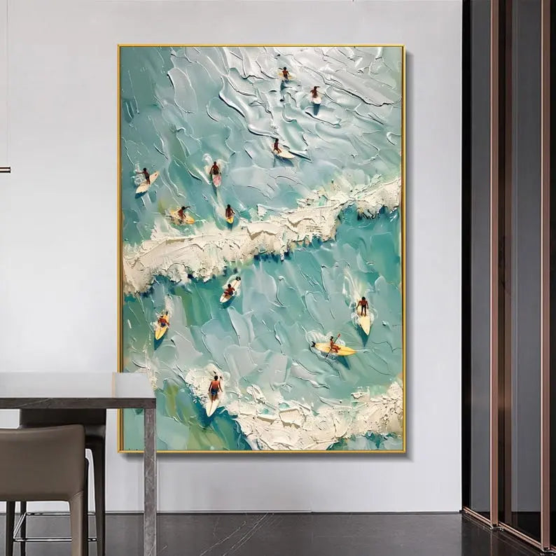  A large vertical textured painting featuring advancing green ocean waves while surfers are surfing the waves. 