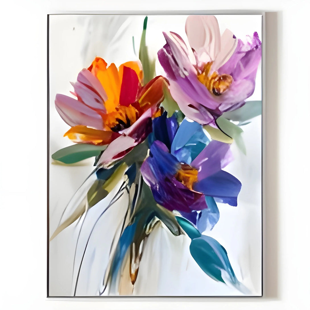 A large vertical textured painting of 3 abstract flowers, one in purple and pink, one in purple and blue, one in purple, red and orange, with green leaves. 
