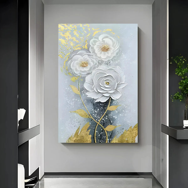 A large vertical textured painting of 3 white flowers with gold stems and leaves against a light grey backdrop. 