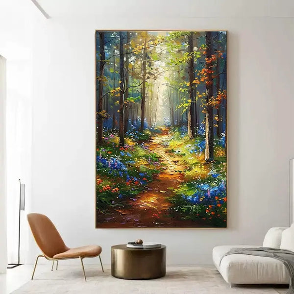 A large vertical textured painting of a forest full of green tall trees with orange and green leaves. Beneath them is a pathway lined with green grass and blue and red flowers. 