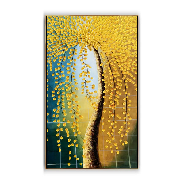 A large vertical textured painting of a gold money tree with gold leaves against a yellow and cyan backdrop 
