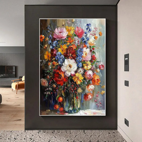 A large vertical textured painting of a vase of flowers in pink, white, red, orange and blue against a backdrop of grey and brown
