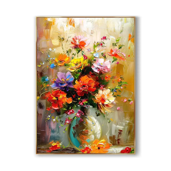 A large vertical textured painting of flowers in red, pink, yellow, purple, etc against an orange backdrop. 