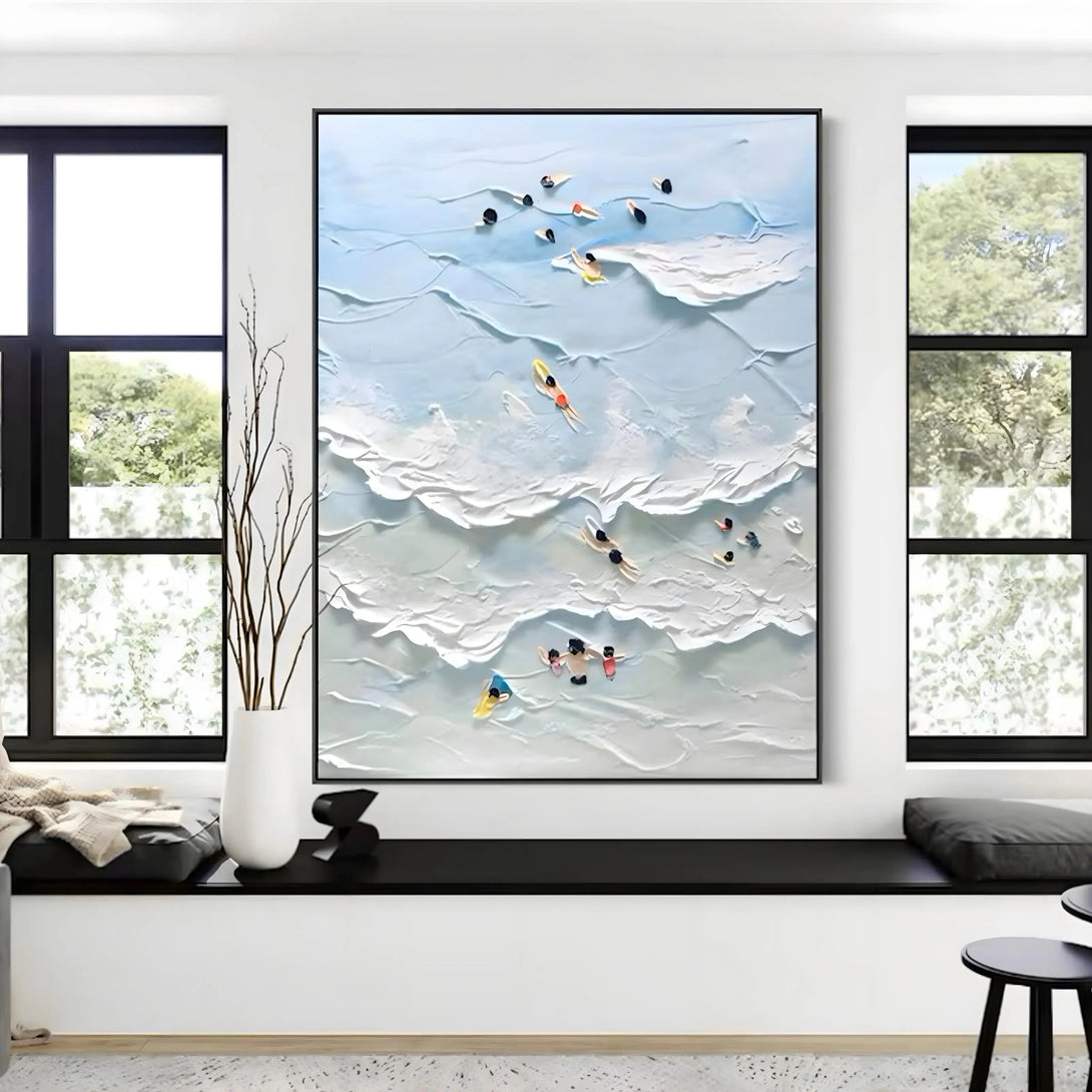 A large vertical textured painting of people surfing and playing amidst the white sea waves
