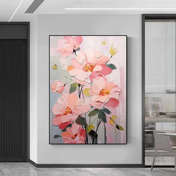 A large vertical textured painting of pink flowers with green leaves, set again a backdrop of light blue and pink. 
