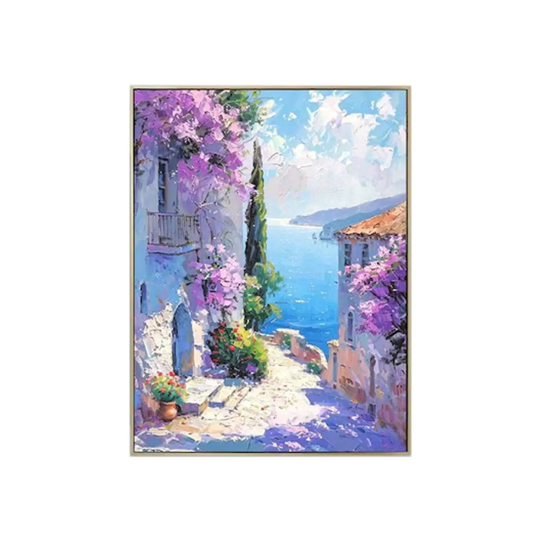 A large vertical textured painting of the Mediterranean seascape, showcasing purple flowers growing on seaside houses, near the blue sea under the white clouds. 
