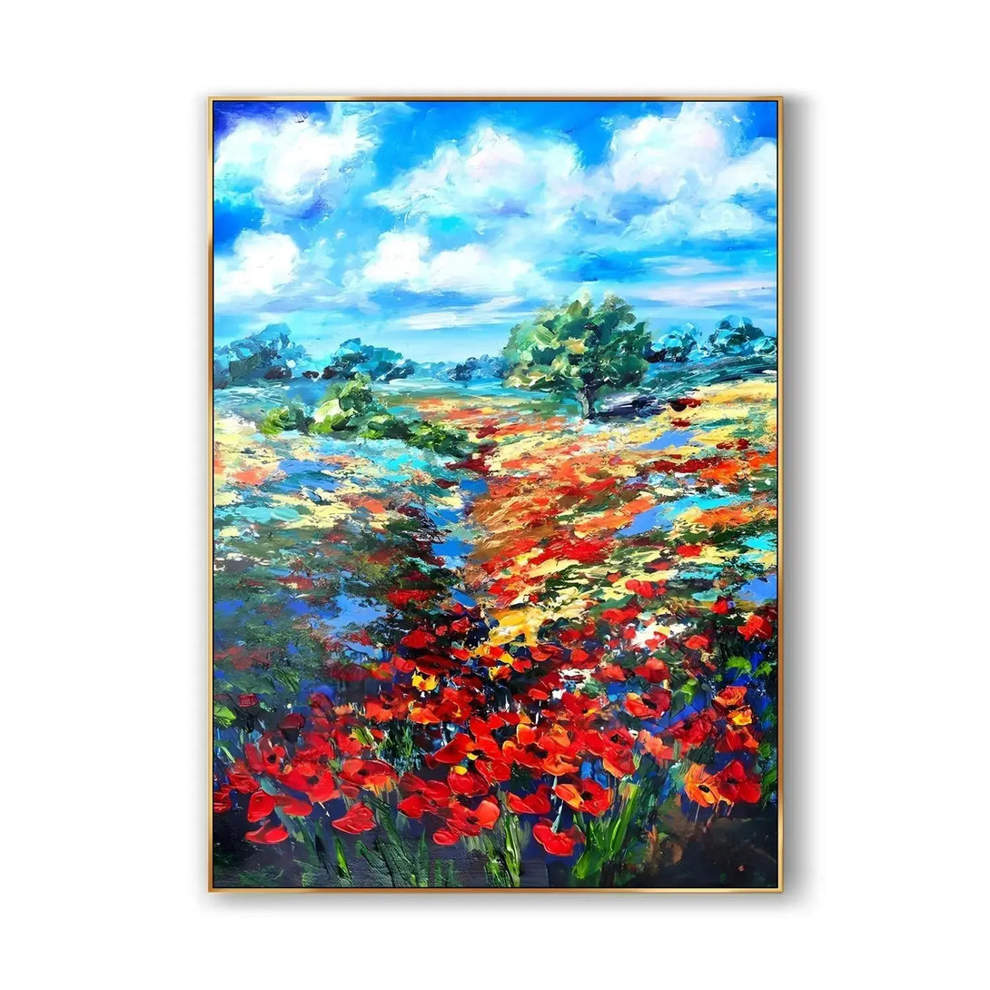 A large vertical textured painting of the countryside, featuring blooming poppy flowers all over the field,  green trees, and the white clouds. 
