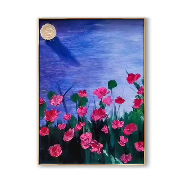 A large vertical textured painting of the sun above the blue sea, bordered by an array of red flowers and green leaves. 
