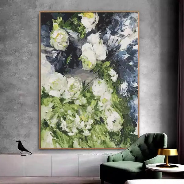 A large vertical textured painting of white flowers with green leaves, against a blue backdrop 
