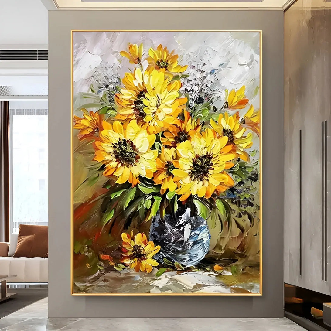 A large vertical textured painting of yellow sunflowers in a blue pot against a yellow and white backdrop.  