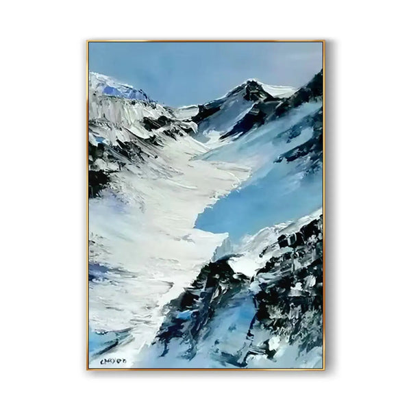 A large vertical textured plaster painting featuring majestic snowy mountains with a small valley within

