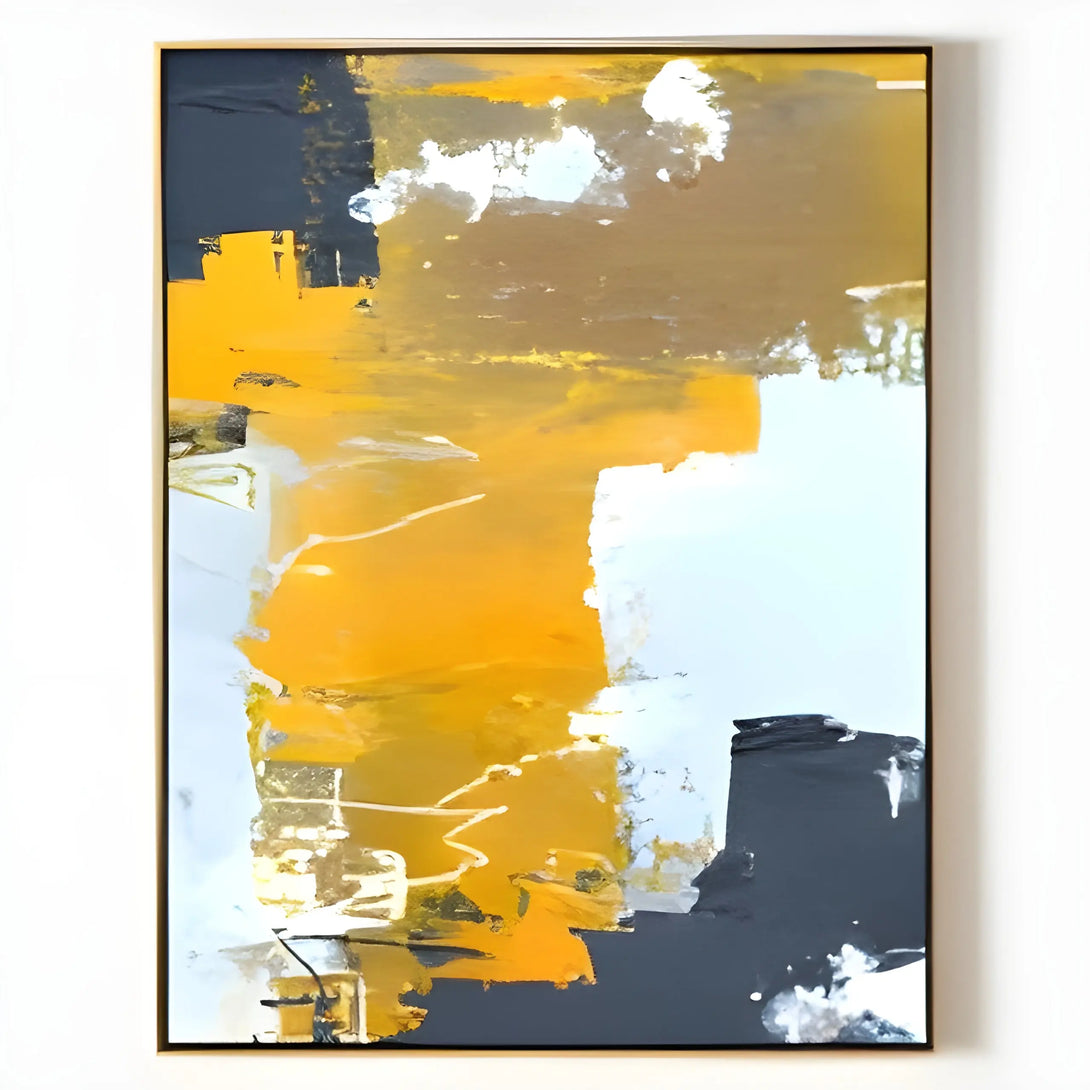  A large vertical textured wall art mixing orange, white and black hues harmoniously. 
