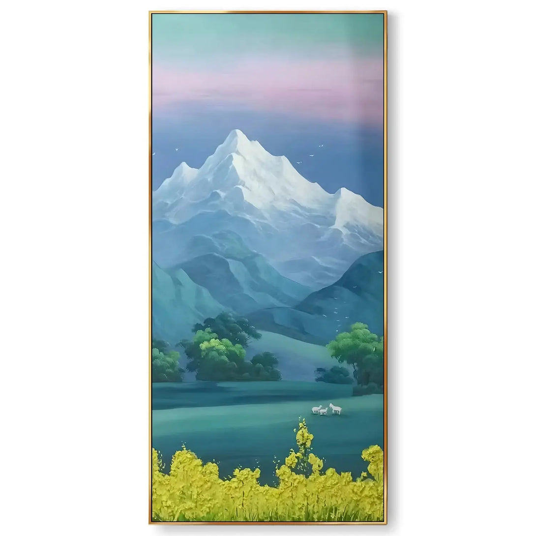 A large vertical wall art of landscape hyperrealism art, featuring white snowy mountain peaks, and rolling green mountain ranges, and green grassland and yellow flowers