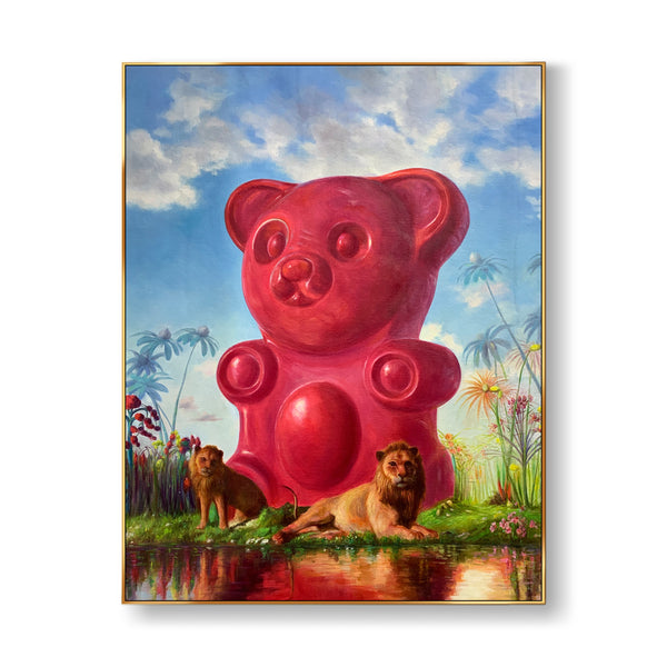 A large vertical wall art of two lions lying by the river, in front of a red bear-like building 

