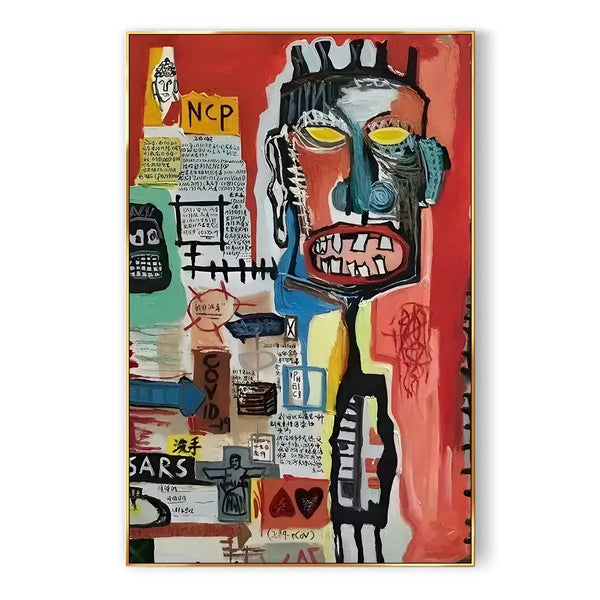 A large vertical wall art piece dominated by red, depicting a toothless male figure in black. His face is half red and half green. The painting is also filled with Chinese characters, English letters, and various other symbols.
