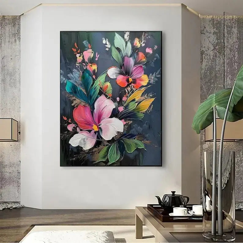 A larger vertical painting of pink flowers in blue, green and yellow leaves, against a black backdrop. 
