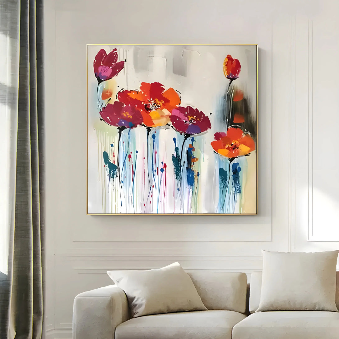 A square abstract floral painting with textured vivid orange petals and blue stalks on a neutral background.