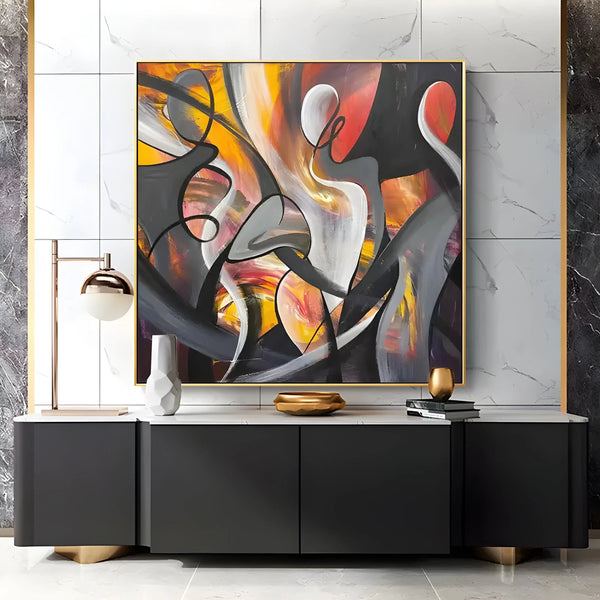 A square abstract painting of a dancer in red, black, and orange tones, suggesting rhythm and movement through textured brushwork. 