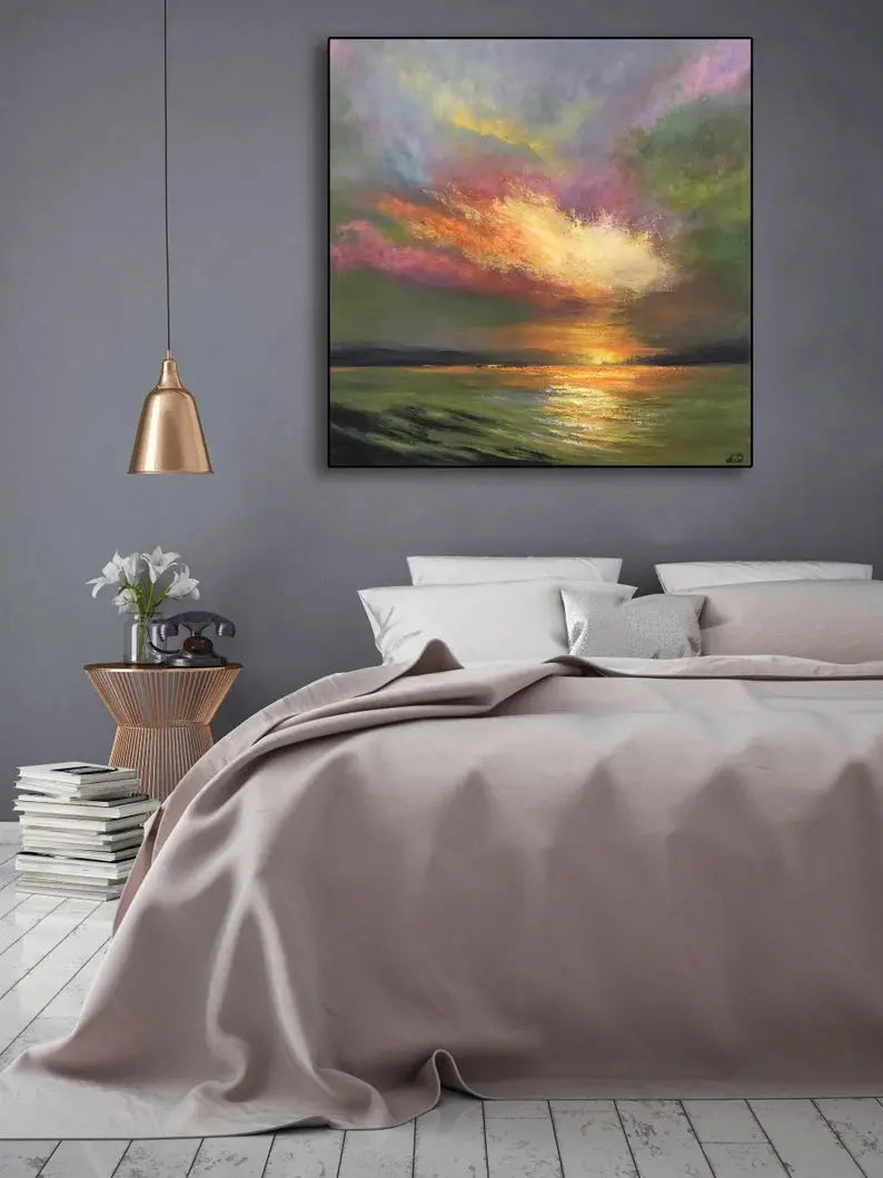 A square abstract seascape painting with deep green ocean tones and perfect orange sunset highlights in textured brushwork.