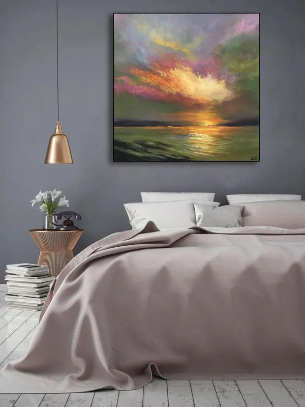 A square abstract seascape painting with deep green ocean tones and perfect orange sunset highlights in textured brushwork.