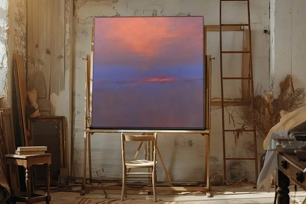 A square abstract sunset landscape painting featuring textured orange and deep blue skies in bold, colorful brushstrokes.