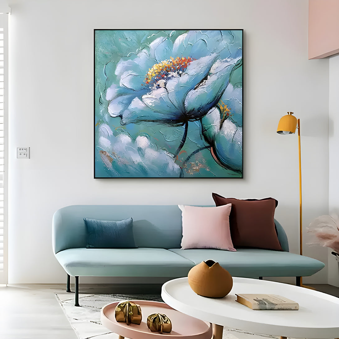 A square format abstract floral artwork featuring layered blue petals with rich texture and artistic depth, perfect for modern interior décor.