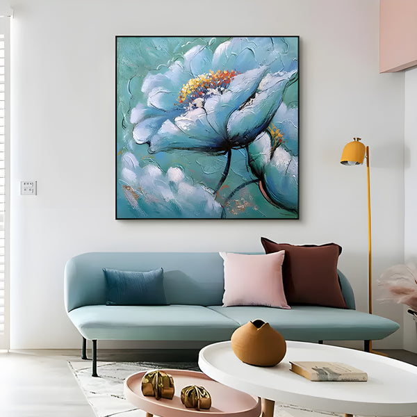 A square format abstract floral artwork featuring layered blue petals with rich texture and artistic depth, perfect for modern interior décor.