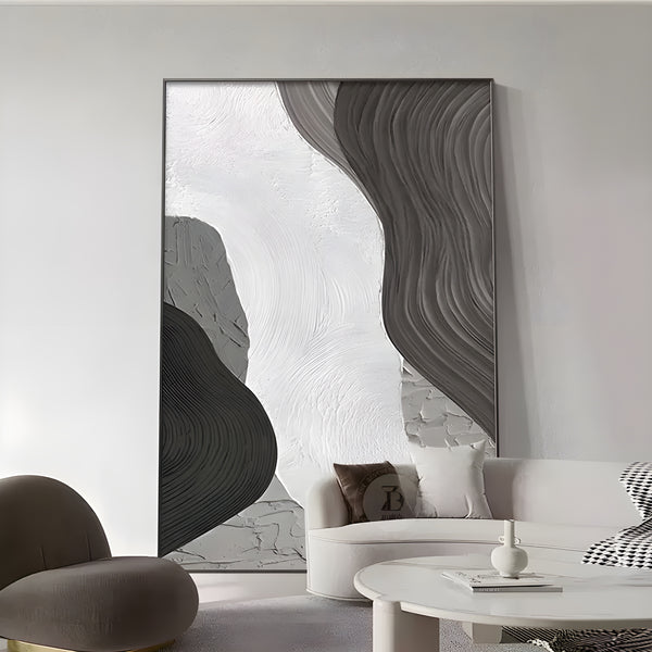 A striking abstract painting with geometric patterns and rich grey and white colors