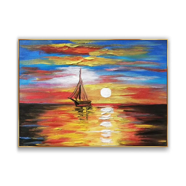 A striking large horizontal textured painting captures the beauty of a sunset, with orange and blue colors blending across the sky and reflecting onto the ocean's surface. A small boat floats gently on the calm waters
