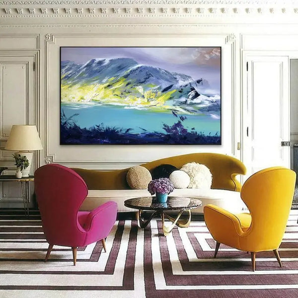 A textured abstract mountain painting in blue and purple undertones, with layered peaks and a river vegetation stretching across a serene horizontal canvas.  