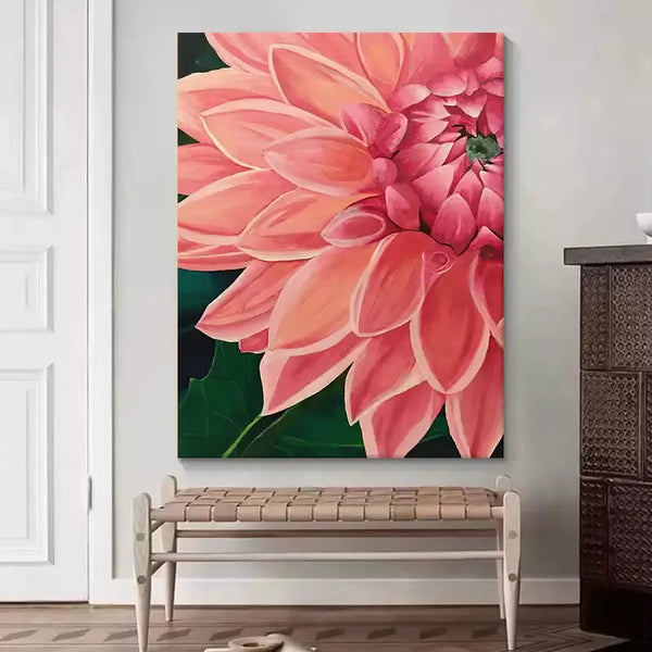  A textured vertical wall art featuring a large blooming lotus with vivid petals dominating the canvas, accented by green leaves.

