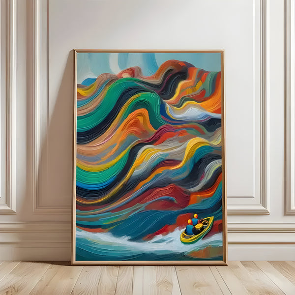 A towering vertical seascape wall art capturing crashing waves in bold blues, yellows, reds, and greens, their churning textures evoking the sea's raw power. In the lower left corner, a small boat with two figures struggles upward—a poignant contrast to the storm's fury.
