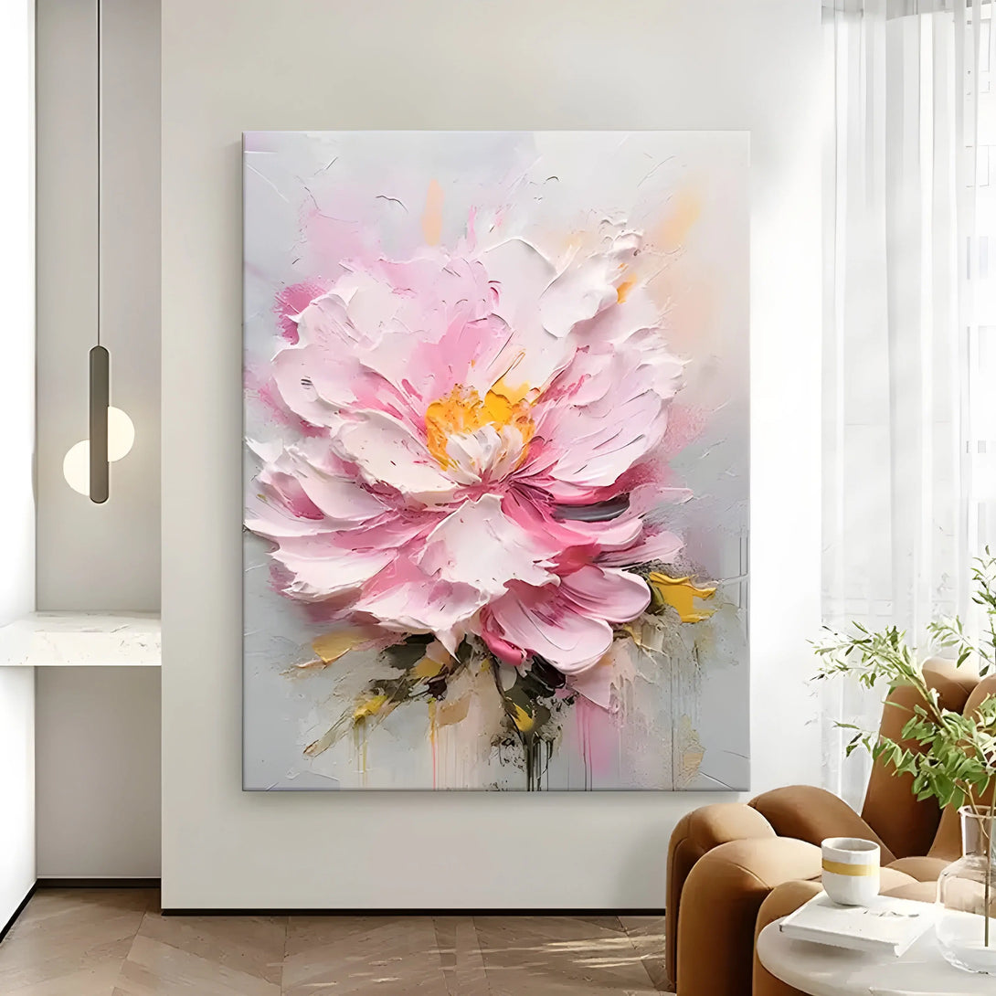 A vertical 3D abstract flower painting with textured pink petals sculpted in plaster on a softly toned canvas.