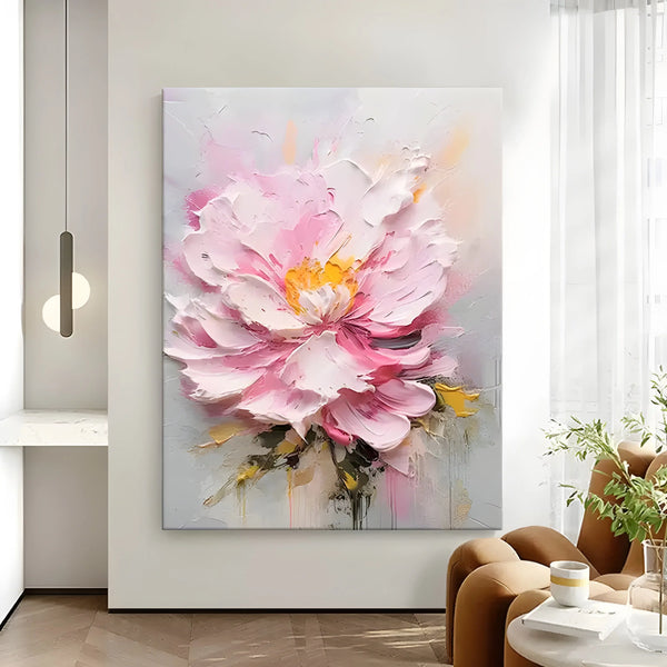 A vertical 3D abstract flower painting with textured pink petals sculpted in plaster on a softly toned canvas.