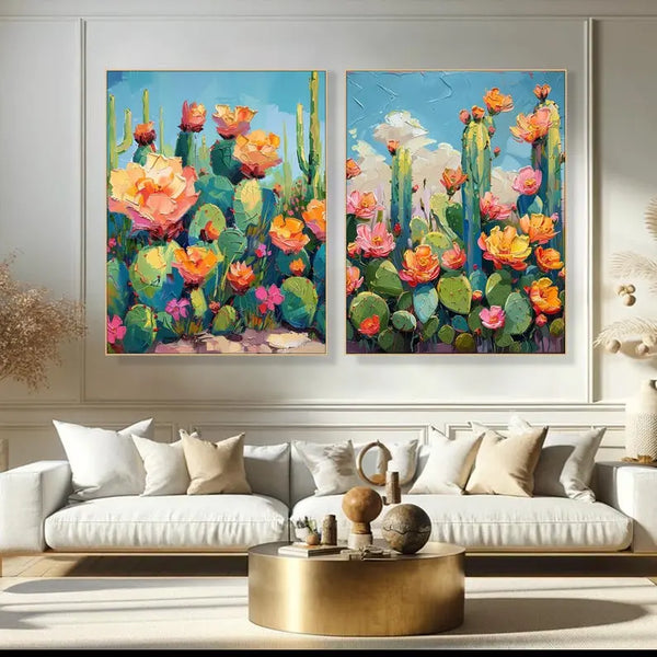 A vertical abstract desert floral painting with textured blue, green, and orange strokes applied using a palette knife.