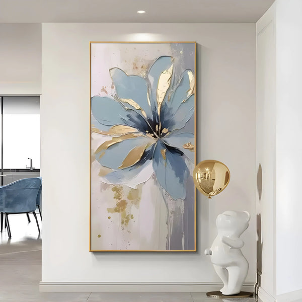 A vertical abstract floral painting featuring textured blue petals with gold highlights on a richly layered canvas.
