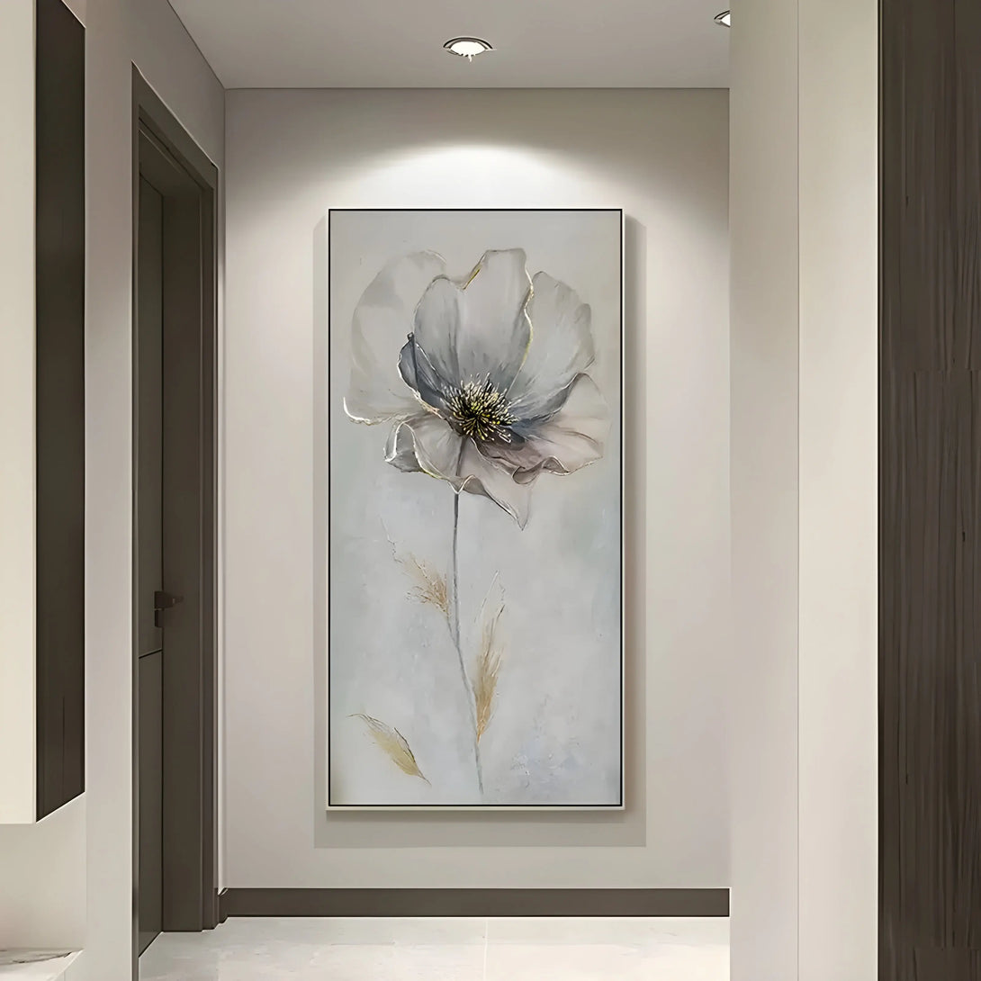 A vertical abstract floral painting with soft grey-white flowers layered over a textured neutral background in a minimalist style.